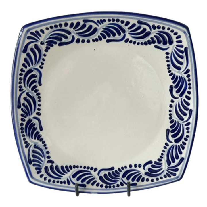 Plato Grande Borde Azul Cuadrado Ceramica